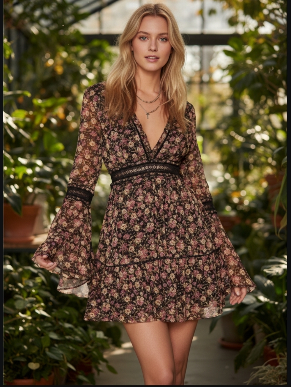 NWT Womens Nasty Gal Black Dress with Orange Floral Accents Bell Sleeves Size-10